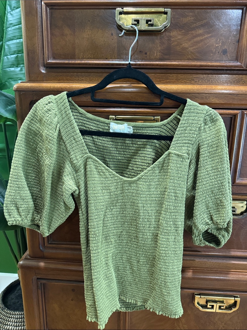 NATION Anthropologie Stretch Puff-Sleeve Dress in Olive Green